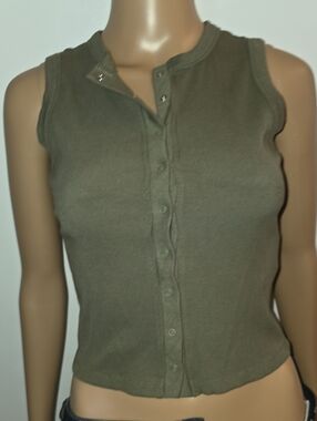 And Now This Ribbed Button-Front Olive Tank Top